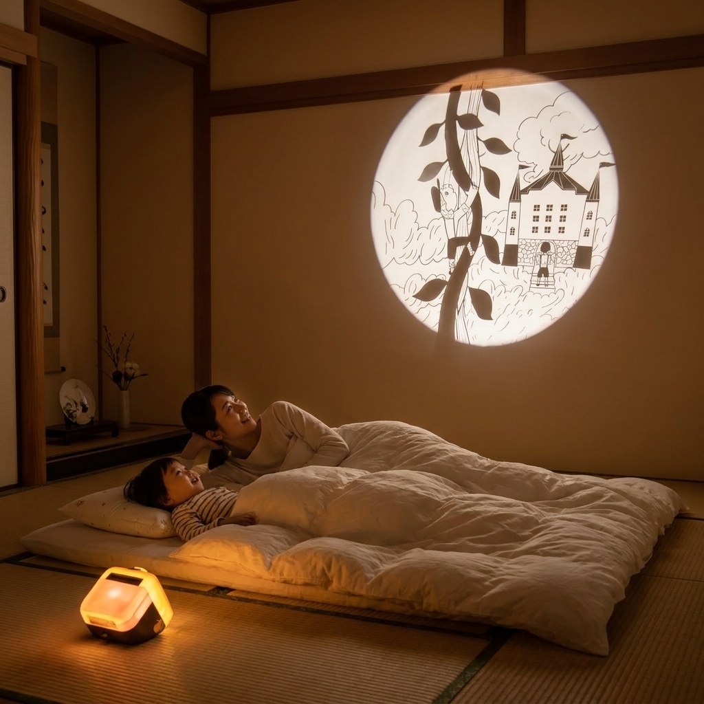 平日の夜、親子で壁の影絵を眺めている場面