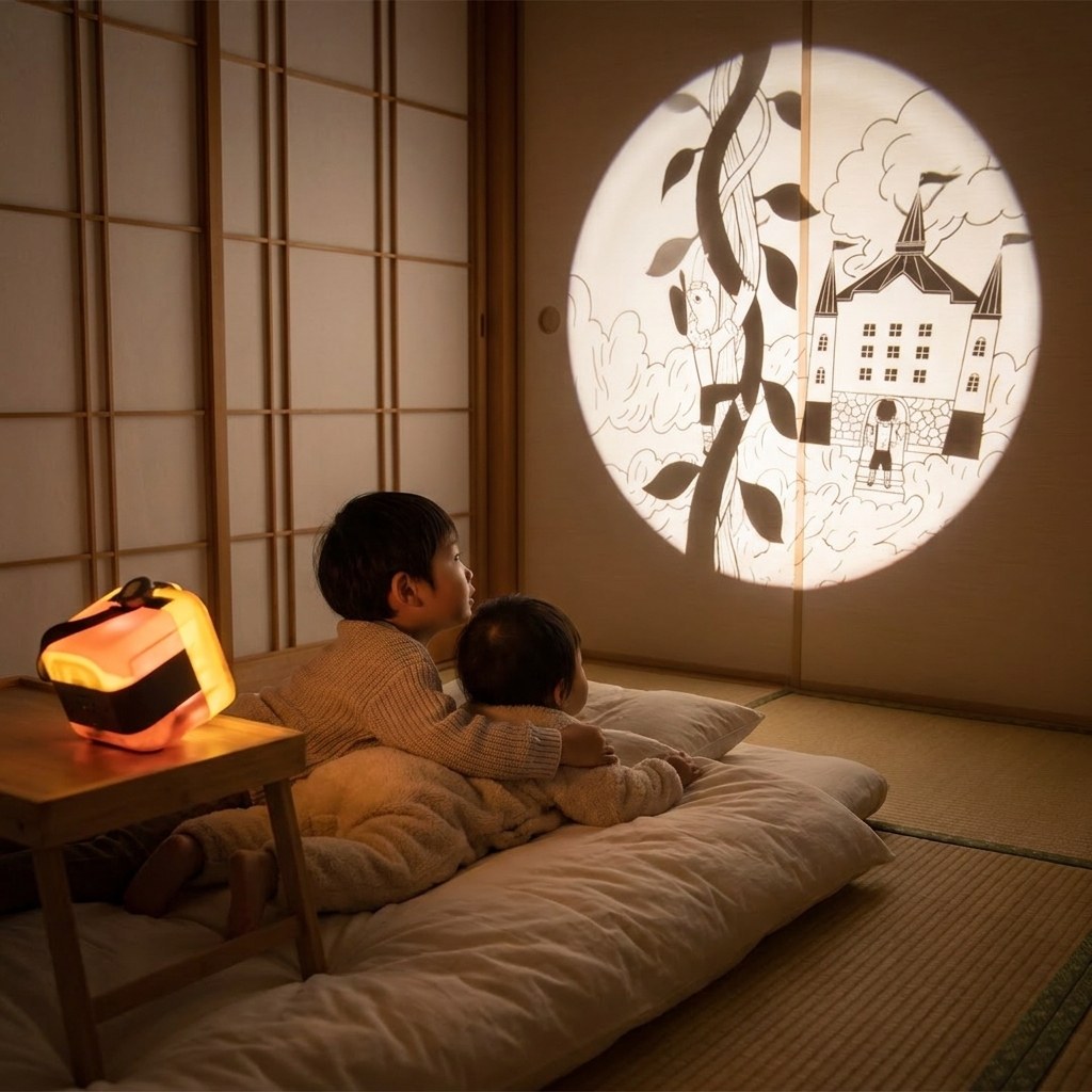 きょうだいが並んで壁の影絵を見ている場面